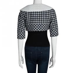 Pre Owned Chanel Navy Blue and White Textured Bolero Jacket S