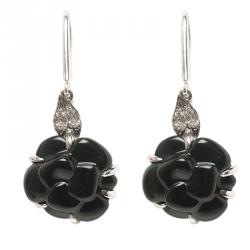 Chanel Camelia Onyx Sculpte Diamond 18k White Gold Hook Earrings