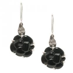 Chanel Camelia Onyx Sculpte Diamond 18k White Gold Hook Earrings