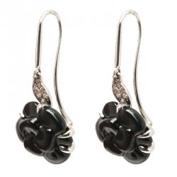 Chanel Camelia Onyx Sculpte Diamond 18k White Gold Hook Earrings