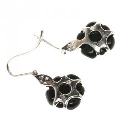 Chanel Camelia Onyx Sculpte Diamond 18k White Gold Hook Earrings