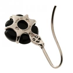 Chanel Camelia Onyx Sculpte Diamond 18k White Gold Hook Earrings
