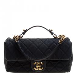 Chanel Matte Black Quilted Leather Classic Flap Top Handle Bag Chanel