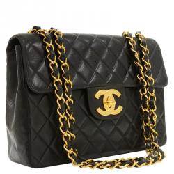 Pre Owned Chanel Black Quilted Lambskin Jumbo Classic Flap Bag