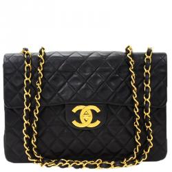 Pre Owned Chanel Black Quilted Leather Maxi Jumbo XL Vintage Classic Flap Bag
