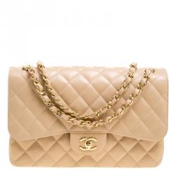 Chanel Beige Quilted Caviar Leather Jumbo Classic Double Flap Bag