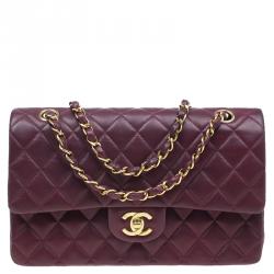Pre Owned Chanel Maroon Lambskin Matelasse Medium Double Flap Shoulder Bag