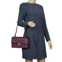 Pre Owned Chanel Maroon Lambskin Matelasse Medium Double Flap Shoulder Bag