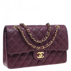 Pre Owned Chanel Maroon Lambskin Matelasse Medium Double Flap Shoulder Bag