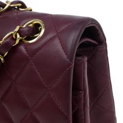Pre Owned Chanel Maroon Lambskin Matelasse Medium Double Flap Shoulder Bag