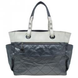 Chanel Metallic Grey Coated Canvas Large Quilted Paris Biarritz
