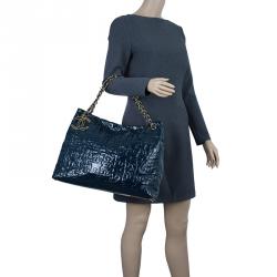 Chanel Navy Blue Quilted Patent Leather Puzzle Large Tote Bag