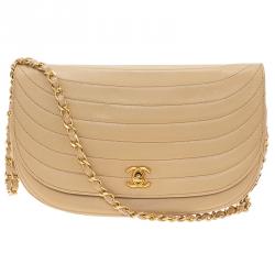 Pre Owned Chanel Cream Vintage Leather Moon Shaped Curved Horizontal Flap Bag