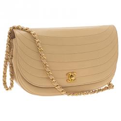 Pre Owned Chanel Cream Vintage Leather Moon Shaped Curved Horizontal Flap Bag