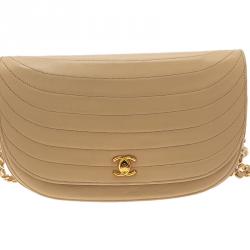 Pre Owned Chanel Cream Vintage Leather Moon Shaped Curved Horizontal Flap Bag