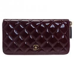 مملوكة مسبقًا Chanel Burgundy Quilted Patent Leather Zip Around Wallet 