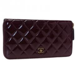 مملوكة مسبقًا Chanel Burgundy Quilted Patent Leather Zip Around Wallet 