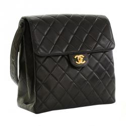 Pre Owned Chanel Black Quilted Lambskin Double Sided Medium Vertical Tote