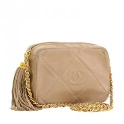 Pre Owned Chanel Vintage Beige Stitched Leather Small Tassel Shoulder Bag