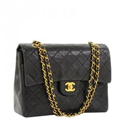 Pre Owned حقيبة كتف شانيل فينتاج كلاسيك طيتين مبطنة جلد خروف أسود