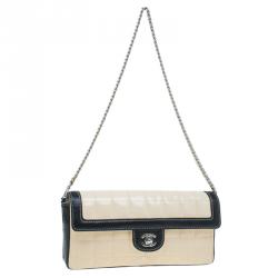 Pre Owned Chanel Beige / Black Patent Leather East West Flap Bag