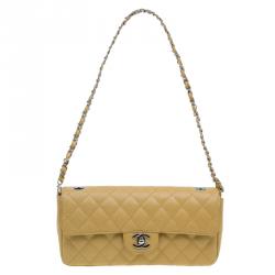 Pre Owned Chanel Beige Quilted Lambskin East West Flap Bag