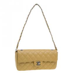 Pre Owned Chanel Beige Quilted Lambskin East West Flap Bag