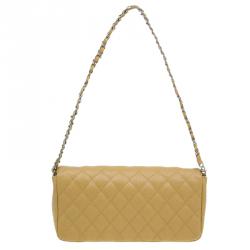 Pre Owned Chanel Beige Quilted Lambskin East West Flap Bag