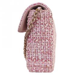 Pre Owned Chanel Pink Tweed Small Classic Flap Shoulder Bag