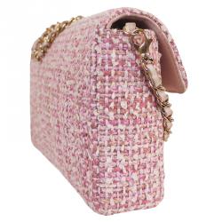 Pre Owned Chanel Pink Tweed Small Classic Flap Shoulder Bag