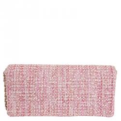Pre Owned Chanel Pink Tweed Small Classic Flap Shoulder Bag