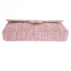 Pre Owned Chanel Pink Tweed Small Classic Flap Shoulder Bag