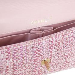 Pre Owned Chanel Pink Tweed Small Classic Flap Shoulder Bag