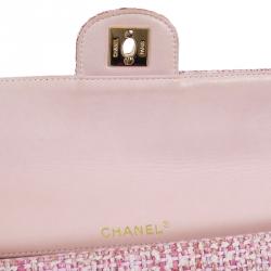 Pre Owned Chanel Pink Tweed Small Classic Flap Shoulder Bag