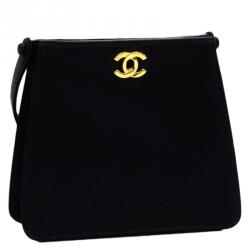 Pre Owned Chanel Black Satin Party Vintage Top Handle Bag