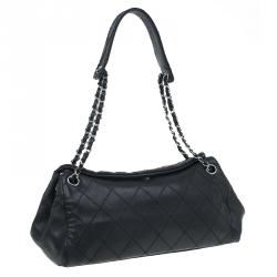Pre Owned حقيبة كتف شانيل جلد أسود مبطن بخياطة عريضة وسلسلة