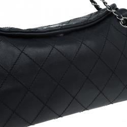 Pre Owned حقيبة كتف شانيل جلد أسود مبطن بخياطة عريضة وسلسلة