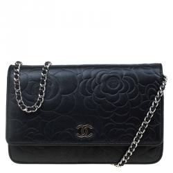 Chanel Black Embossed Lambskin Camellia WOC Clutch Bag Chanel