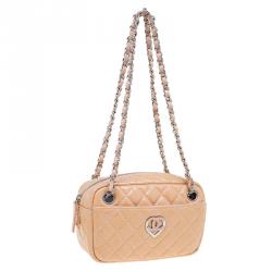 Chanel Beige Quilted Patent Leather Valentine Collection Camera Case Bag