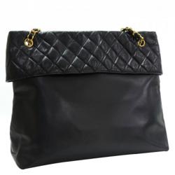 Pre Owned Chanel Black Lambskin Leather Large Flap Shopper Tote