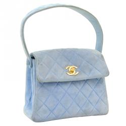 Pre Owned Chanel Light Blue Quilted Suede Mini Flap Bag