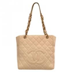 Pre Owned Chanel Beige Quilted Caviar Leather Petite Shopping Tote
