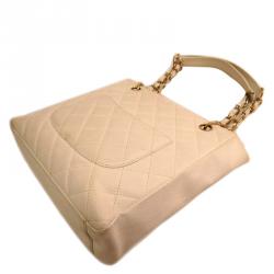 Pre Owned Chanel Beige Quilted Caviar Leather Petite Shopping Tote