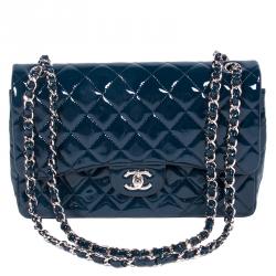 Chanel Dark Blue Quilted Patent Leather Jumbo Classic Double Flap Bag Chanel