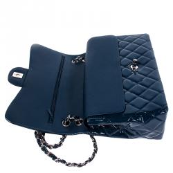 Pre Owned حقيبة شانيل قلاب مزدوج جامبو كلاسيك جلد لامع مبطنة زرقاء داكنة