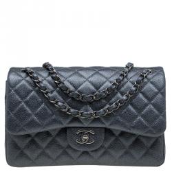 Chanel Metallic Grey Quilted Caviar Leather Jumbo Classic Double Flap Bag  Chanel