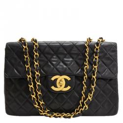 Pre Owned Chanel Black Quilted Lambskin Maxi Jumbo Classic Flap Bag