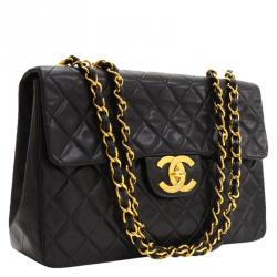 Pre Owned Chanel Black Quilted Lambskin Maxi Jumbo Classic Flap Bag