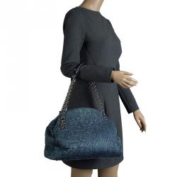 Chanel Blue Denim Bowling Bag Luxury Ligne Medium Satchel