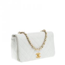 Pre Owned Chanel White Quilted Leather Vintage Full Flap Bag